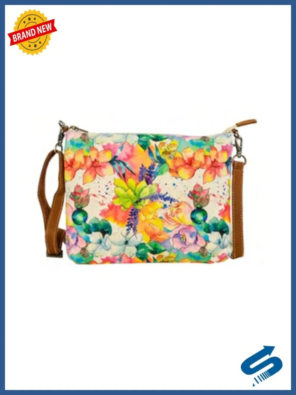 Watercolor Floral Crossbody Bag - Canvas & Leather Sling Purse